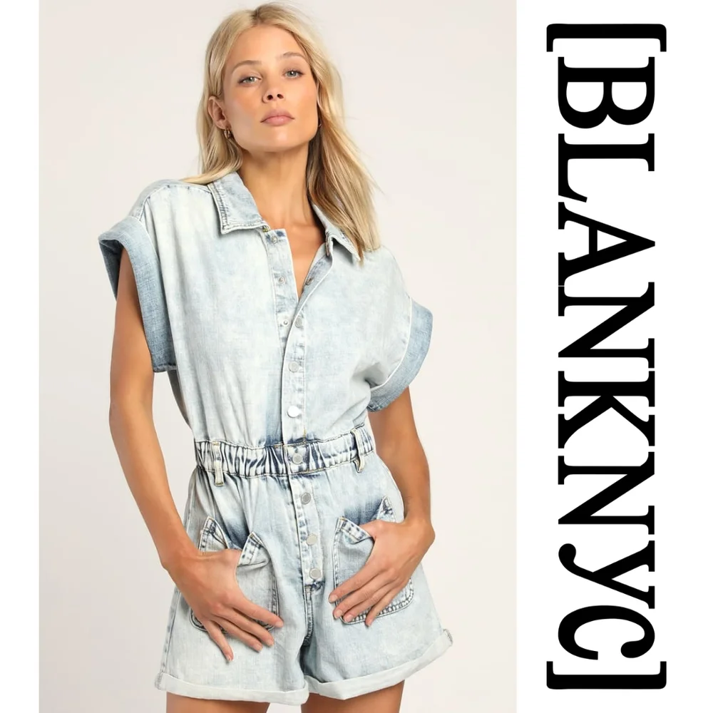 BLANK NYC - Time Zone Acid Wash Denim Short Sleeve Romper - XSmall - Picture 4 of 14